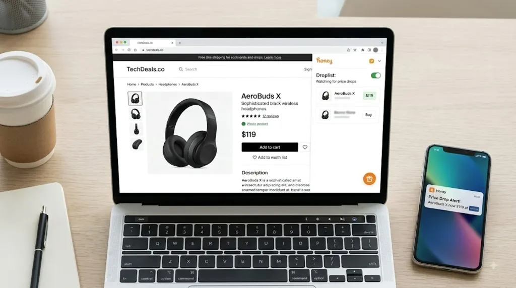 A shopping extension panel showing verified coupon codes and their success indicators alongside an order