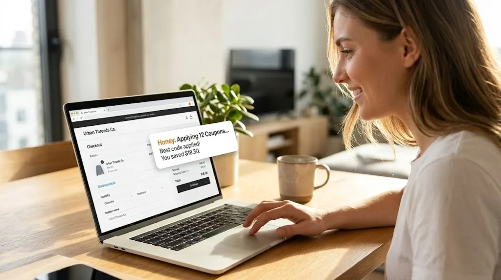 A shopper at a laptop checkout page with verified coupon code icons floating above the screen
